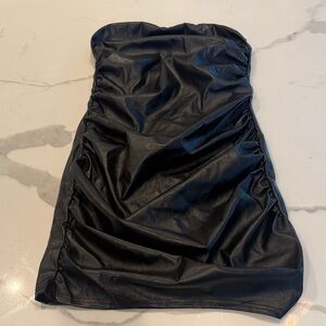 Boohoo Black Strapless Faux Leather Ruched Mini Dress